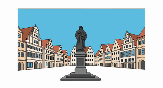 Historic European square with statues and gabled buildings under a blue sky