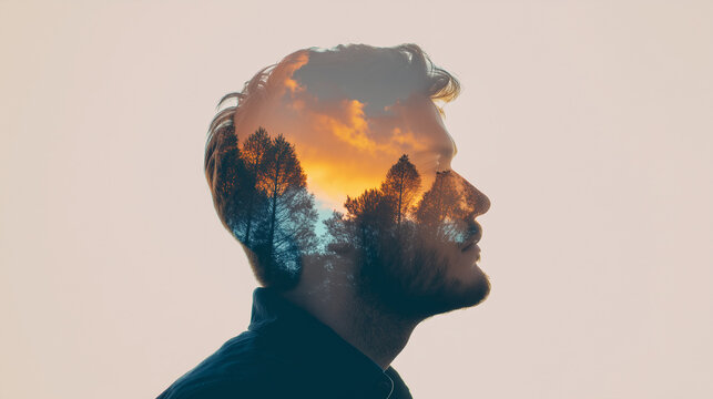 Double exposure portrait of a man with sunset forest inside his mind, mental health, imagination, memory, psychology, mindfulness and inner world concept. double exposure, man silh