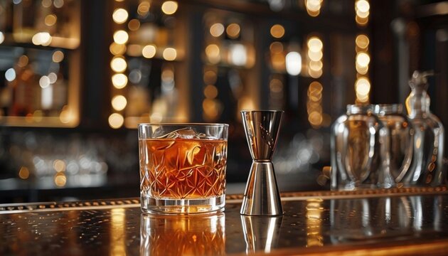 A professional close-up of a classic whiskey cocktail in a crystal glass beside a metal jigger on a polished bar.