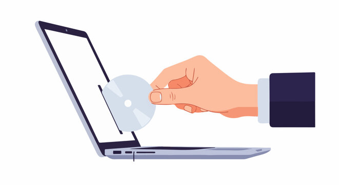 Hand inserts disc into laptop, symbolizing software installation or data transfer
