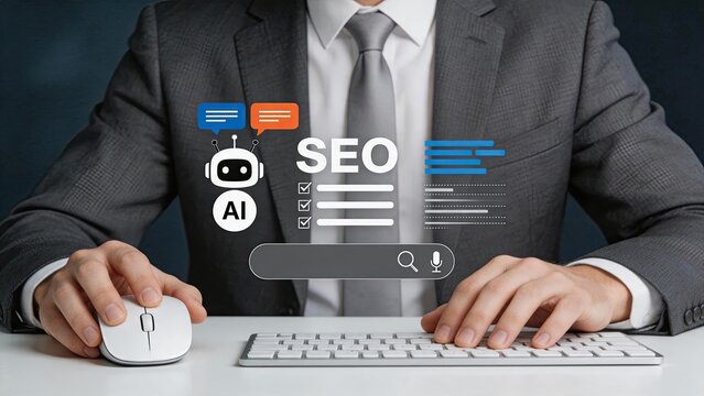 SEO search engine optimization concept with AI robot icon, checklist and text analysis graphics, businessman using mouse and keyboard for website ranking improvement, digital