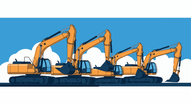 Four excavators in a row, ready for construction under a blue sky