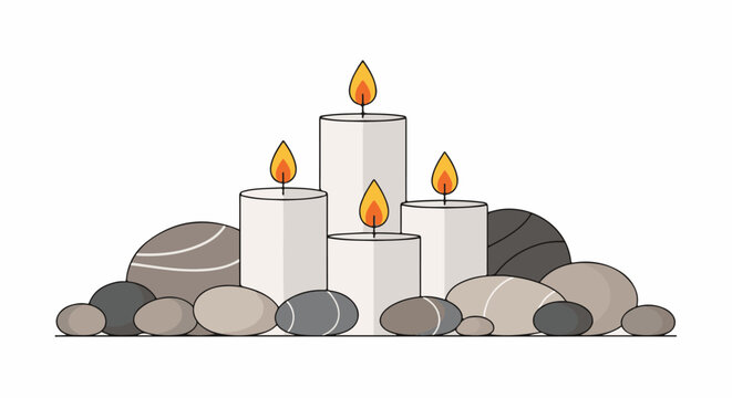 Four lit candles stand amidst decorative stones in a balanced arrangement