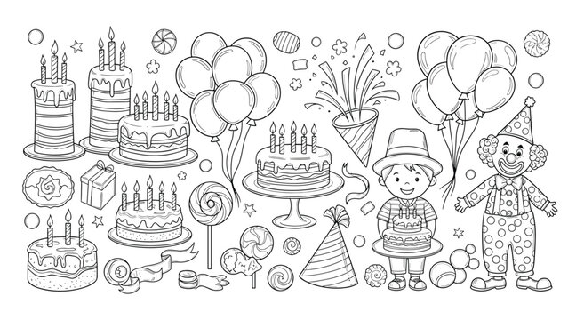 Birthday party doodles for coloring featuring cakes balloons clowns gifts and celebratory items on white background for kids.