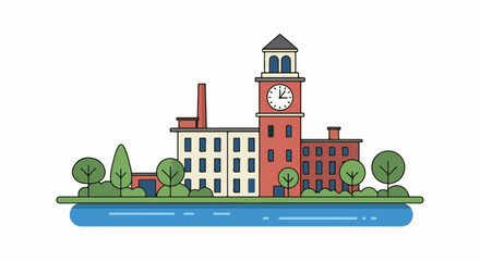 Naklejka premium Flat illustration of a riverside industrial building with a clock tower and trees