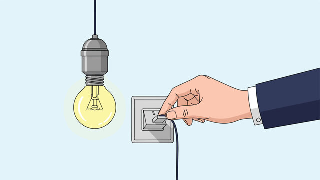 Conceptual illustration showing a hand plugging a usb cord into a wall outlet next to a glowing light bulb on a blue background.