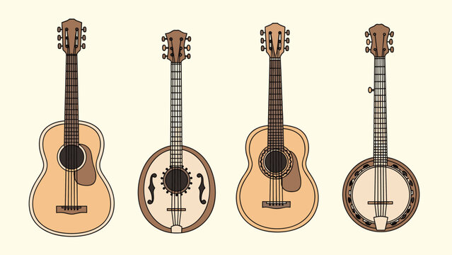 Set of four different acoustic string instruments including guitars a mandolin and a banjo on a warm cream colored background.