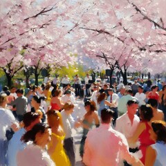 Obraz premium Crowd Enjoys Outdoor Dance Event Under Cherry Blossom Trees in Springtime Park