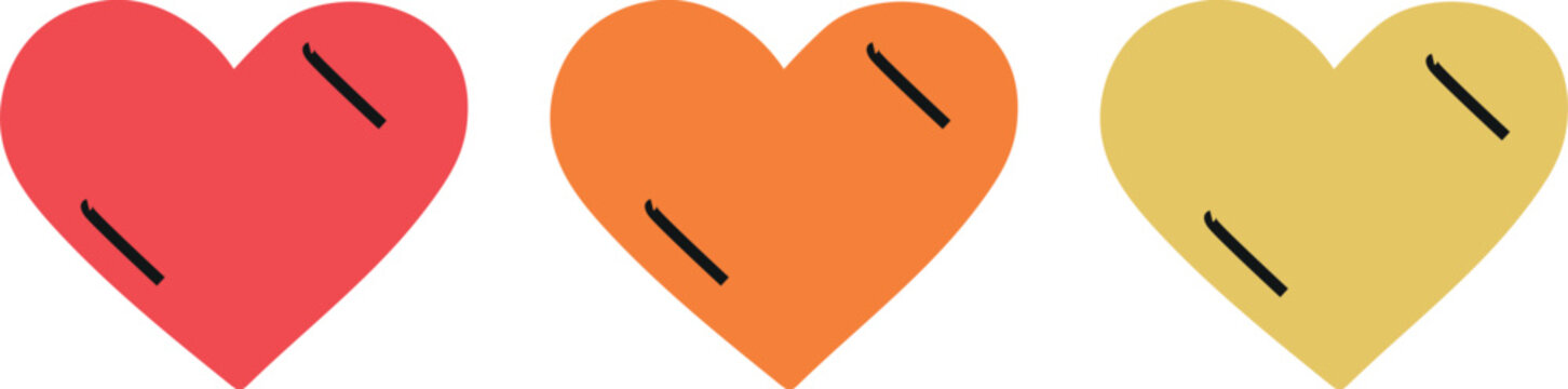 A composition of three heart shapes each filled with a solid color and featuring two parallel black diagonal lines. The hearts are colored in red orange and yellow. The diagonal lines add a unique 