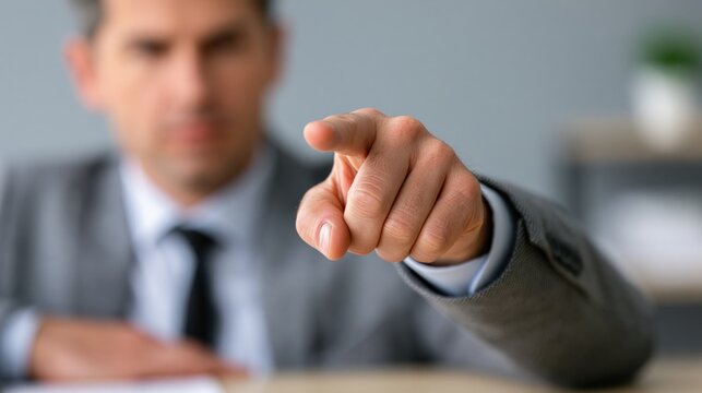 Manager in suit pointing finger directly at viewer, conveying authority and decision
