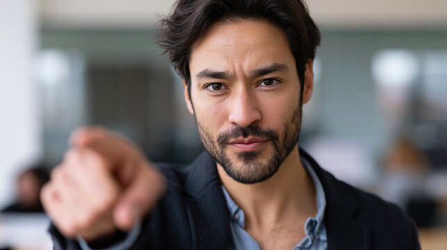 Confident man in dark blazer gives assertive gesture while pointing