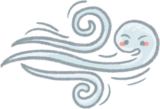 Cute hand drawn wind blowing character with crayon texture isolated