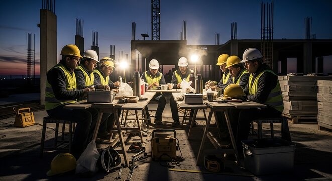 Construction team collaborating during night shift on highrise project planning with focused discussion and safety gear