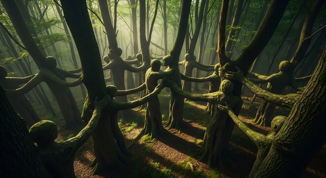 Darkly lit ancient stone bridge with moss-covered pillars and intertwined vines in a gothic forest setting, viewed from a low-angle perspective
