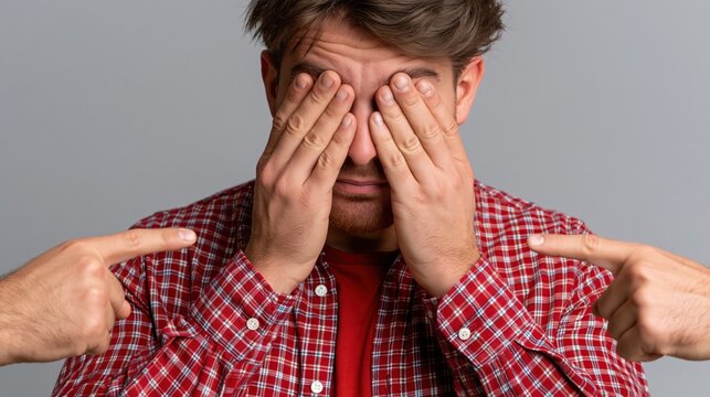 Man covering eyes as fingers point accusingly from both sides
