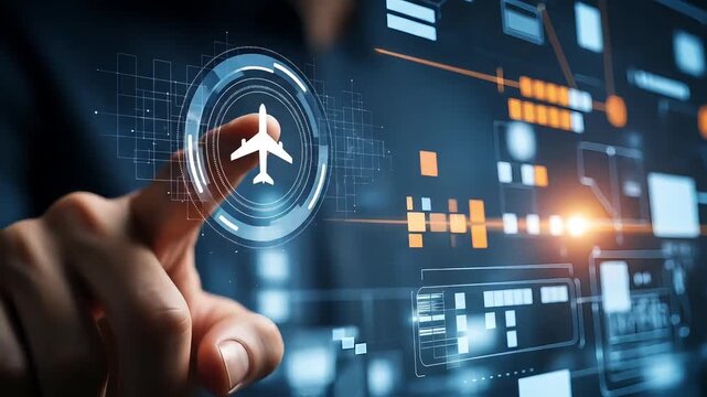 Futuristic digital travel and aviation technology interface with hand interaction and holographic