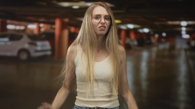 Woman pulling and inspecting a hair strand with a disgusted grimace and shrugged arms in an underground parking garage; frustration.