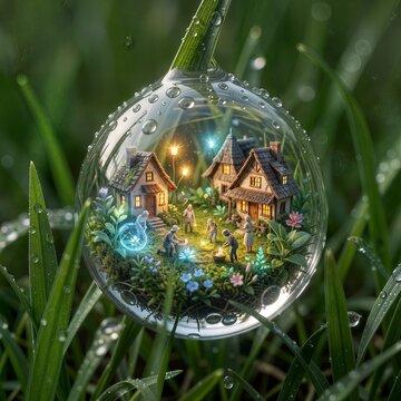 A tiny, bioluminescent village nestled within a massive dewdrop on a blade of grass. Miniature humanoid figures 