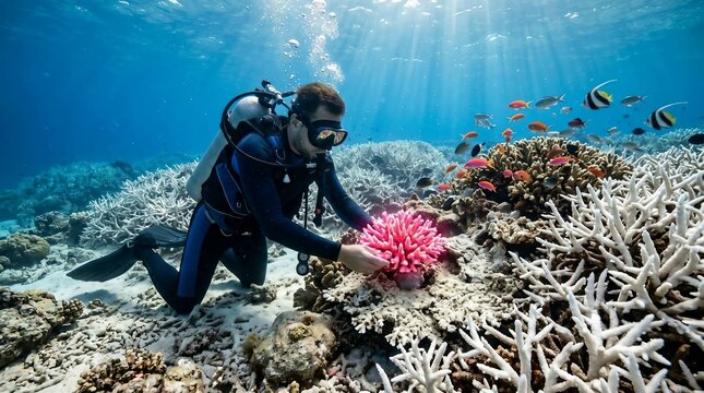 Scuba Diver Examining Vibrant Pink Coral Amidst Bleached Reef in Clear Blue Ocean