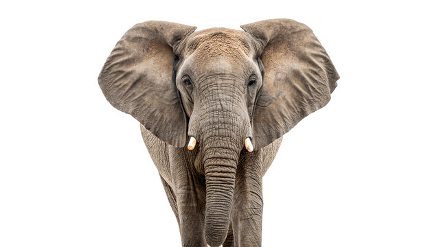 A close up portrait of an African elephant head looking forward isolated on transparent background