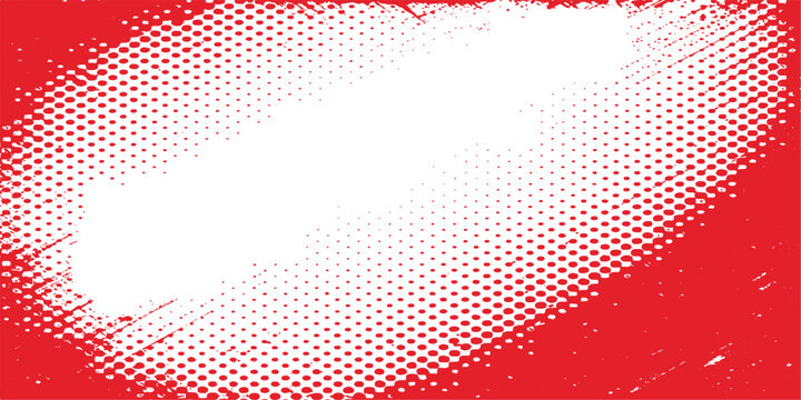 An abstract red halftone background featuring a digital wave pattern of blue and red dotted circles creates an artistic gradient texture for a modern wallpaper design element