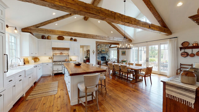 Open Space Farmhouse Dining Kitchen
&ldquo;Open-space farmhouse kitchen and dining room with vaulted ceiling, exposed timber beams, hardwood floors, white cabinets, warm wooden island countertop, modern rus
