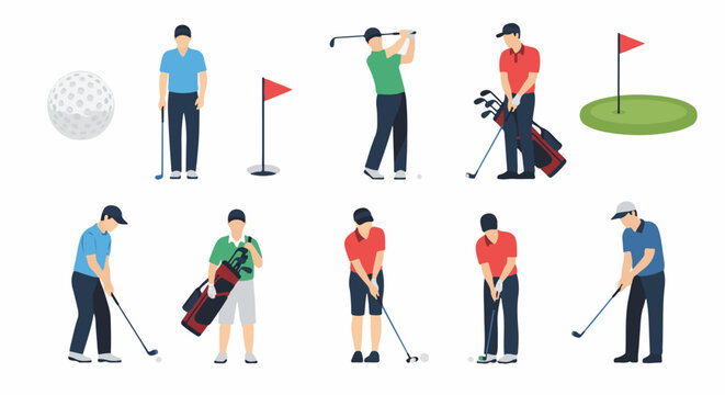 Golfers in various poses with equipment and green