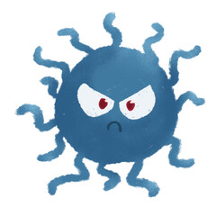 Naklejka premium PNG Cute blue fuzzy germ cartoon character with angry face, watercolor children style microorganism illustration isolated on white background for kids science and health education