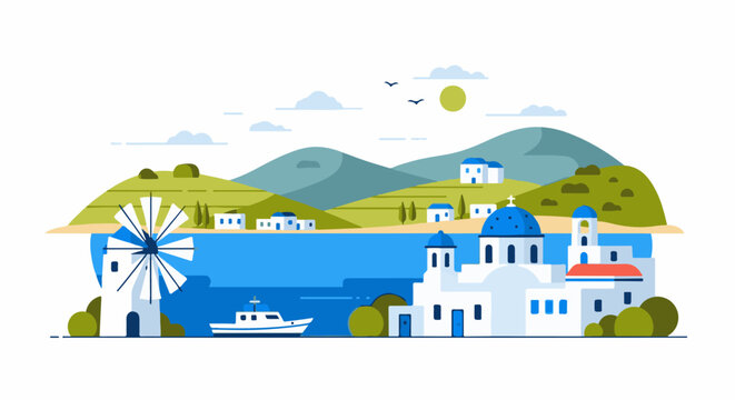 Idyllic island village with blue-domed churches, a windmill, and a boat