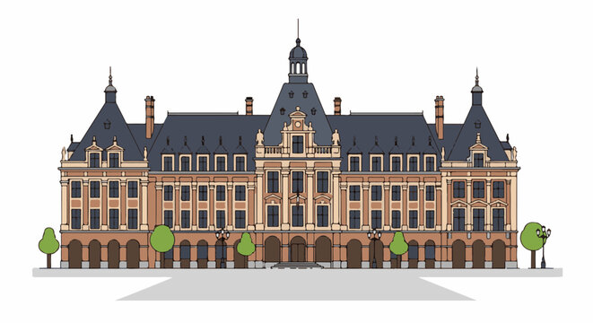 Grand, ornate building with arched entrances and dormer windows