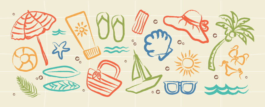 Summer Trendy Icon set in Doodle Hand Drawn Style. Summer Vintage Whimsical Elements in Charcoal Pencil Style. Summer Beach Icons in Pencil Doodle Style. Drawing ink. Italian Travel drawing hand drawn