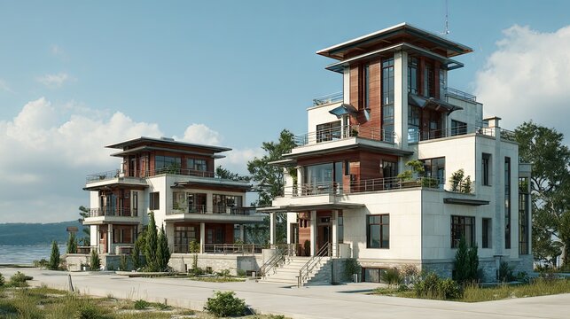 Two distinct contemporary five-story villas, each spanning 3,000 square meters, linked together by a connecting bridge	