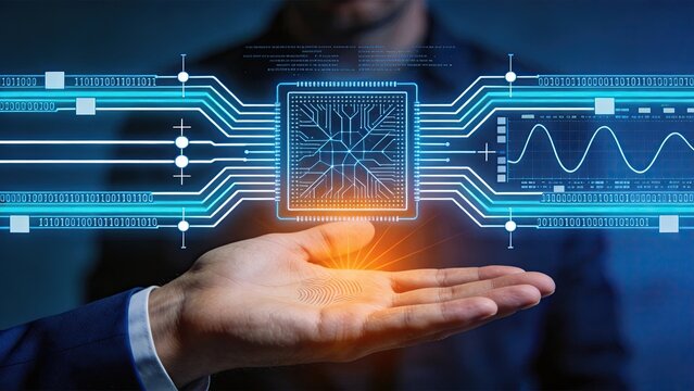 Futuristic microchip processor held in hand, glowing digital data flow circuits, binary code background, computer hardware technology, semiconductor innovation, artificial