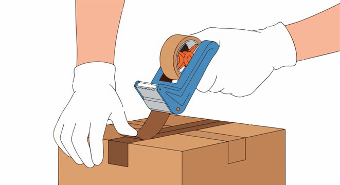 Gloved hands seal cardboard box with tape dispenser
