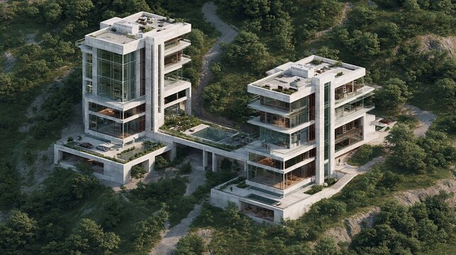Two distinct contemporary five-story villas, each spanning 3,000 square meters, linked together by a connecting bridge	