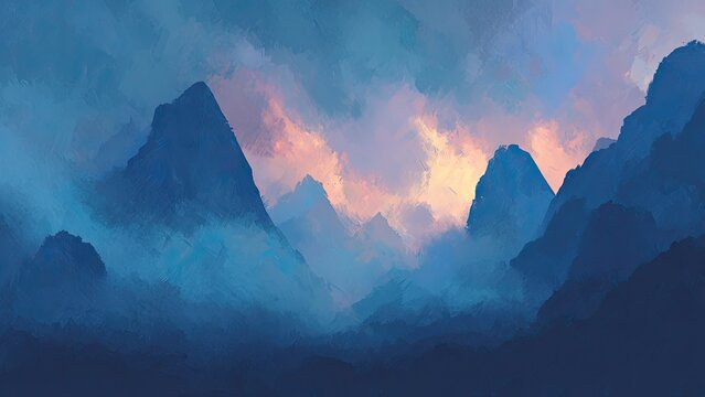 幻想的な青いカルスト山脈 霧と光のデジタルアート背景