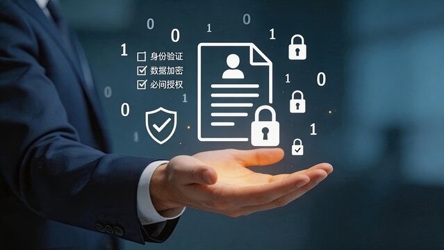 Businessman hand holding hologram digital document with security lock, data encryption, identity verification and authorization checklist for cybersecurity protection concept.