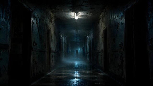A dim industrial corridor with wet reflections and blue light creates a tense cinematic mood. Useful for horror, thriller, game, and suspense visuals.