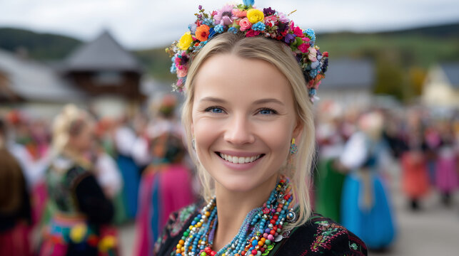 Woman wearing traditional Festival Gorali clothing smiling at outdoor cultural event