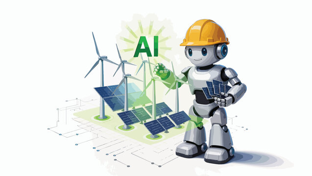 Ai robot in hard hat with solar panels and wind turbines.