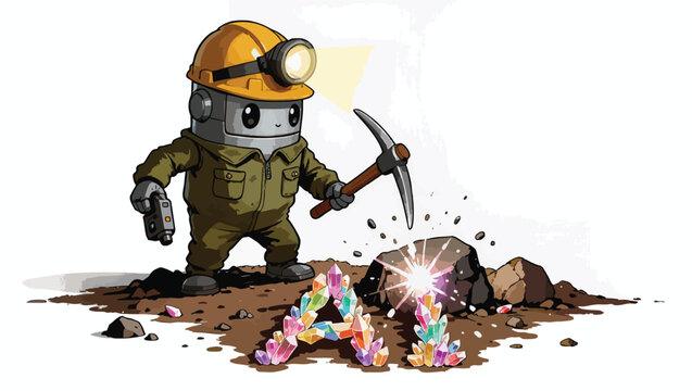 Ai robot miner digging for crystals with pickaxe and lamp robot.