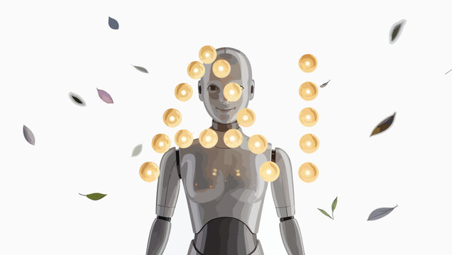 Humanoid robot surrounded by glowing orbs and floating leaves symbolizing ai.