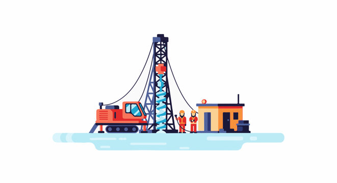 Flat illustration of an oil rig with workers and a small building