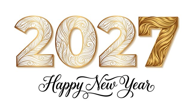 Elegant golden 2027 numbers with intricate floral swirls and classic script text for luxury new year greeting celebration card.