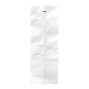 A vertical, crumpled white paper strip featuring three small black dots aligned horizontally near the isolated on a white background, for minimalist and, labeling concepts