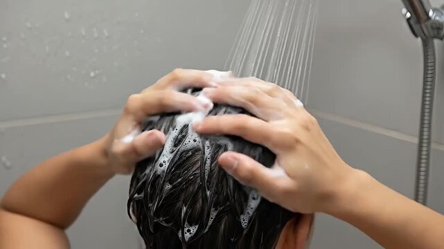 Closeup of person washing hair with shampoo under running shower water lather and bubbles flowing