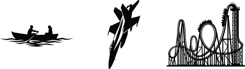 Black silhouette illustrations of rowing boat, jet aircraft, and roller coaster representing adventure, travel, and dynamic motion © MDMAHMUDUL