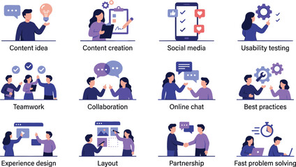 Fototapeta premium Teamwork and Collaboration Icon Set for Content Creation, Social Media, Online Chat, and Design Processes