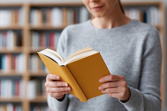Faceless reader holds grammar book in library