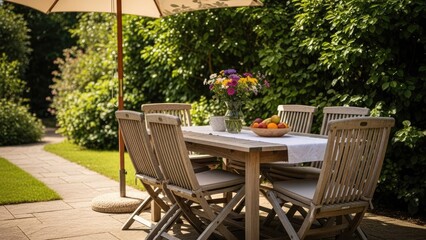 Obraz premium Outdoor dining table setup with chairs and flowers in garden patio